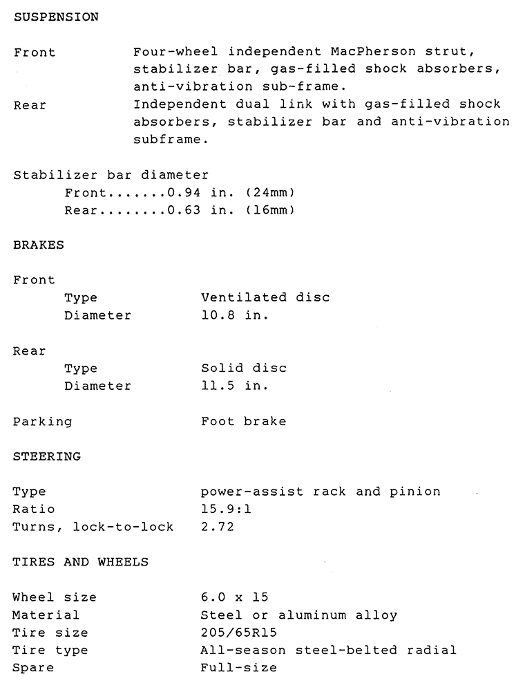 1995 TOYOTA AVALON (PRELIMINARY) TECHNICAL SPECIFICATIONS