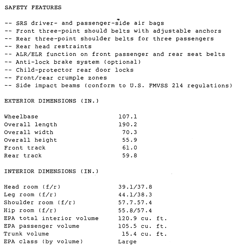 1995 TOYOTA AVALON (PRELIMINARY) TECHNICAL SPECIFICATIONS