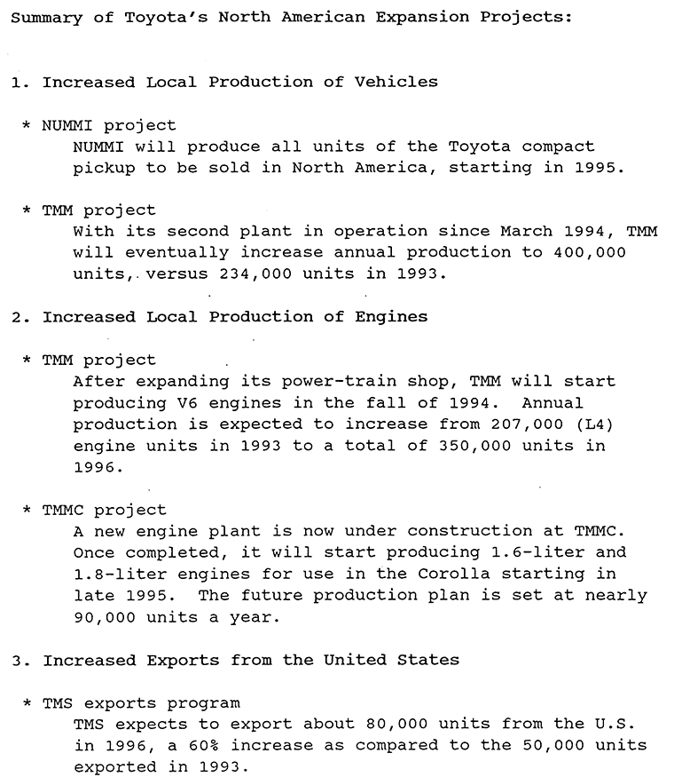 Summary of Toyota's North American Expansion Projects