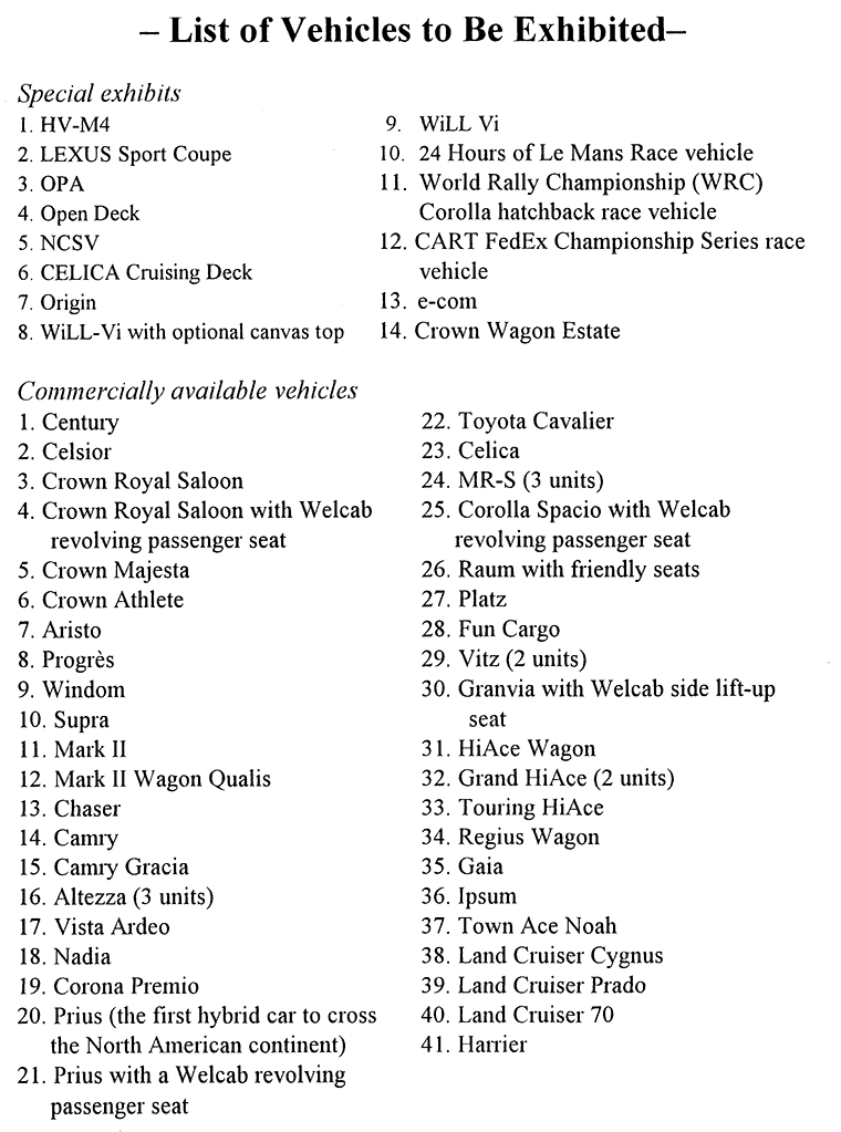 List of Vehicles to Be Exhibited