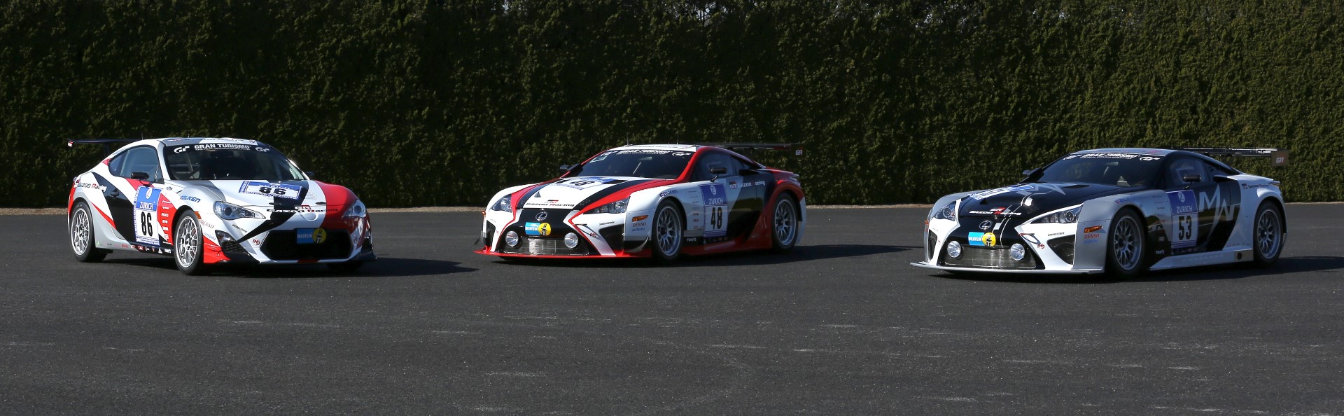 From left: GAZOO Racing Toyota 86, GAZOO Racing Lexus LFA, GAZOO Racing Lexus LFA Code X