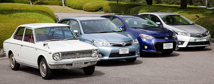 From left: 1966 Corolla; Japan, North America, and Europe market 11th generation models